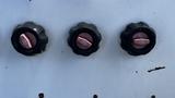 A close-up of three black and pink knobs on a white surface typically found on a vehicle such as a truck