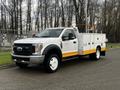 A 2019 Ford F-550 utility truck with a white body and orange accents featuring a toolbox and equipment storage compartments on the side