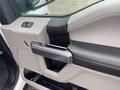 Close-up of the interior door handle and panel of a 2019 Ford F-150 with a two-tone design featuring black and light gray elements