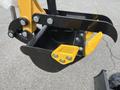 A close-up view of the bucket attachment of a 2024 AGT Industrial Yellow H13R Mini Excavator featuring sharp claws and a robust design