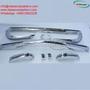 A set of chrome bumpers for a Mercedes W116 featuring both front and rear designs along with mounting brackets