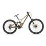 A 2025 Specialized Demo Race Mountain Bike featuring a beige frame with black components wide tires and a suspension fork designed for downhill performance