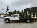 A white 2022 Ford F-550 truck with a flatbed is parked on a wet surface with palm trees visible nearby