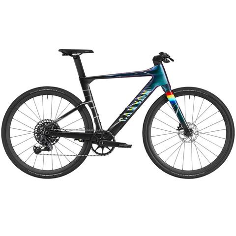 A 2025 Canyon Roadlite:ONfly CF MACH874 road bike featuring a sleek design with a blue and rainbow color scheme and disc brakes