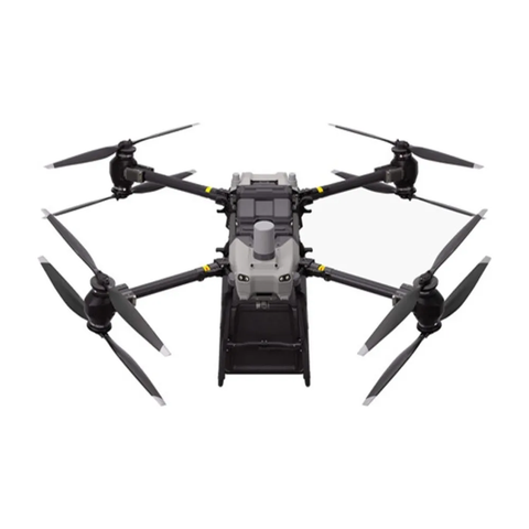 A DJI FlyCart 30 aerial delivery drone with four rotating propellers and a central cargo compartment designed for transporting items efficiently