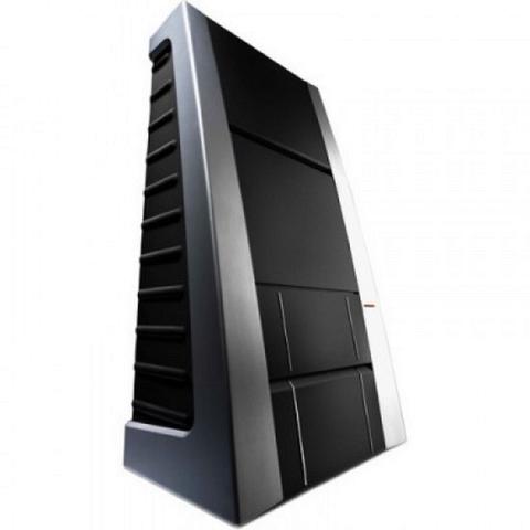 A Hasselblad Flextight X5 Scanner with a sleek design featuring a combination of black and silver surfaces and a tall trapezoidal shape