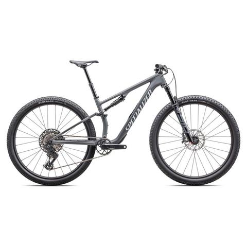 A 2025 Specialized Epic 8 Comp Mountain Bike featuring a sleek grey frame large tires and a modern design suitable for rugged terrains
