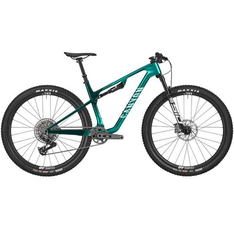2025 Canyon Lux World Cup CF 9 Mountain Bike featuring a teal frame sleek design and enhanced suspension system with wide tires for optimal performance on rugged terrains