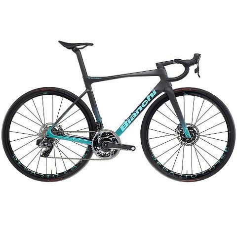 2024 Bianchi Specialissima RC road bike featuring a black and teal frame Sram Red Etap Axs 12-speed drivetrain and power meter