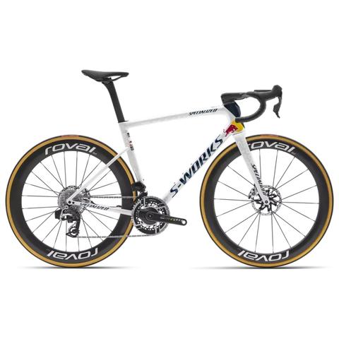 2025 Specialized S-Works Tarmac SL8 LTD Red Bull BORA hansgrohe Edition road bike with a sleek white frame and distinctive red and gold accents and high-performance wheels