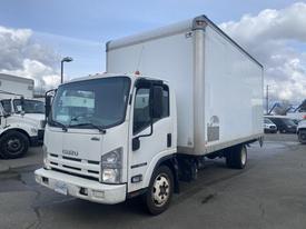 A 2015 Isuzu NQR box truck with a white cargo area and front cab visible, parked with the engine hood facing forward
