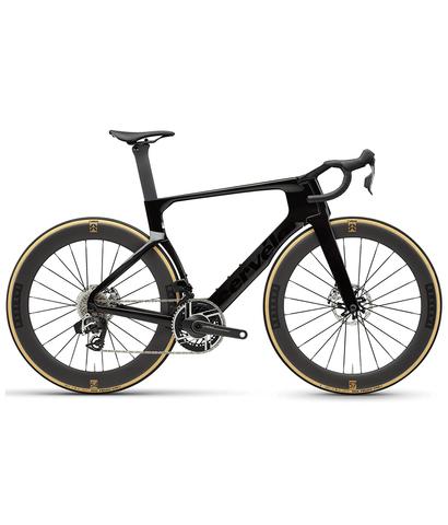 2026 Cervelo S5 Red AXS road bike with a sleek black frame and aerodynamic design featuring disc brakes and large gold-accented wheels