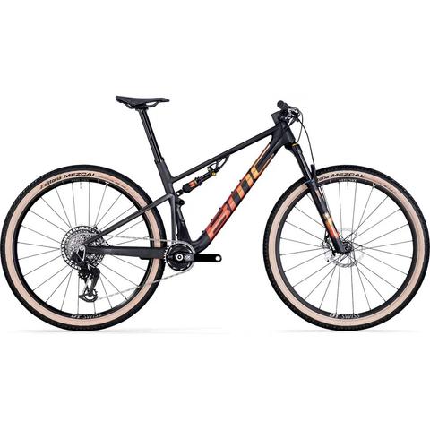 2026 BMC Fourstroke R 01 ONE Mountain Bike featuring a sleek black and orange frame with wide tires and a modern suspension system designed for performance and agility