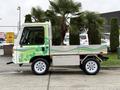 A 2019 CanEV Might-E electric utility vehicle with a green and blue design on its side and a flatbed truck body