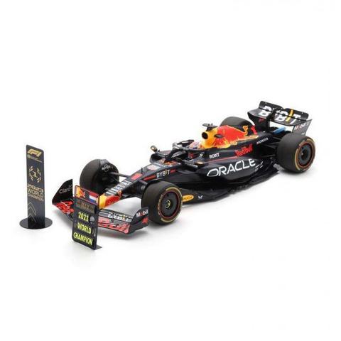 Spark Red Bull RB19 model car featuring branding for the 2023 Qatar Grand Prix Sprint Race and #1 M Verstappen with pit boards displaying racing achievements