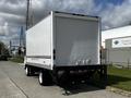 A 2016 Isuzu NQR truck with a white cargo box viewed from the rear showing its wheels and backend features