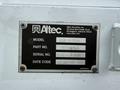 A metal identification plate for an Altec Industries vehicle with details including model number LUA GLOBAL and serial number 856-158088077