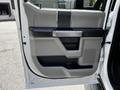 The interior door panel of a 2020 Ford F-350 Super Duty showing a gray and black design with a handle and storage compartment