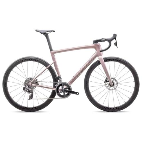 2025 Specialized Tarmac SL8 Expert Road Bike in a light pink color with black wheels and components, designed for high performance and speed