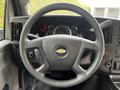 Steering wheel of a 2019 Chevrolet Express featuring a central Chevy logo and control buttons on the side