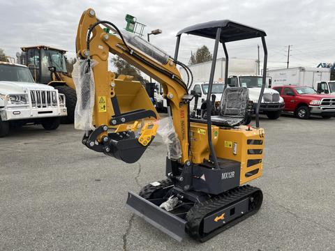 A 2024 AGT Industrial MX12R Mini Excavator with a yellow and black body features a front digging bucket and a protective cab with plastic wrap on the seat and controls