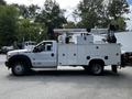 A white 2016 Ford F-550 utility truck with a crane on the bed and storage compartments on the side