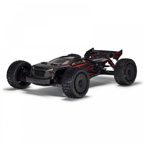 Arrma 1/7 TALION 6S EXB 4X4 RTR Brushless Speed Truck features large rugged tires a sleek black and red body and an off-road design suitable for high-speed performance