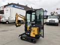 A 2024 AGT Industrial Yellow H13R Mini Excavator with a cab, tracks, and a digging arm positioned for operation