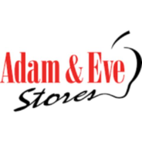 Logo of Adam & Eve Stores featuring the name in red and black text with a stylized apple graphic