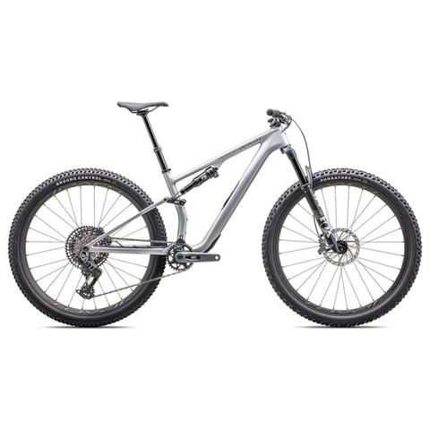 2025 Specialized Epic 8 EVO Expert Mountain Bike featuring a sleek gray frame large tires and a modern design for advanced off-road performance and handling