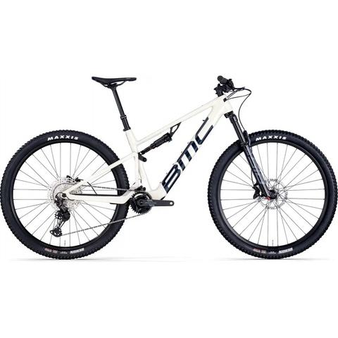 A 2026 BMC Fourstroke AMP LT TWO mountain bike featuring a white frame large tires and a modern design with front suspension and a wide handlebar