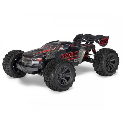 Arrma Kraton 6S EXB BLX RTR 1/8 4WD brushless speed truck in black with red accents featuring large tires and a modern design