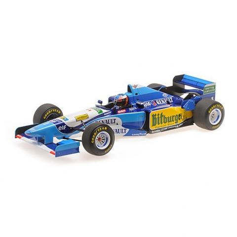1:12 scale model of a blue and yellow Minichamps Benetton B195 race car featuring the #1 M Schumacher design with details like sponsor logos and racing wheels