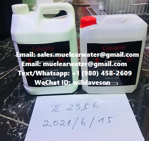 Two plastic containers labeled Caluanie Muelear Oxidize with handling instructions and contact information for the manufacturer