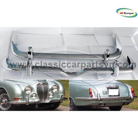 New chrome bumpers for a Jaguar S-Type (1963-1968) showcasing a polished design with rounded edges and distinct horizontal bars