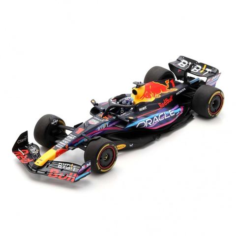 Spark Red Bull RB19 model car featuring M Verstappen's #1 design from the 2023 Miami Grand Prix with vibrant colors and sponsor logos