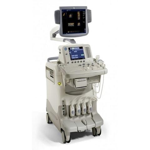 Ge Logiq 7 Multipurpose Ultrasound machine with a control panel various probes and a monitor on an adjustable arm for medical imaging tasks
