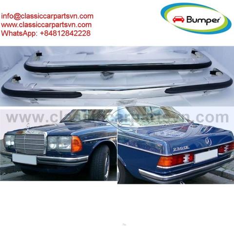 Two Mercedes W123 coupe bumpers with a sleek design lying on a surface next to a blue Mercedes 230 CE car showcasing the classic shape and style of the vehicle