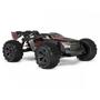 A black Arrma Kraton 6S EXB BLX RTR 1/8 4WD brushless speed truck with large tires and a sleek design featuring red and silver accents