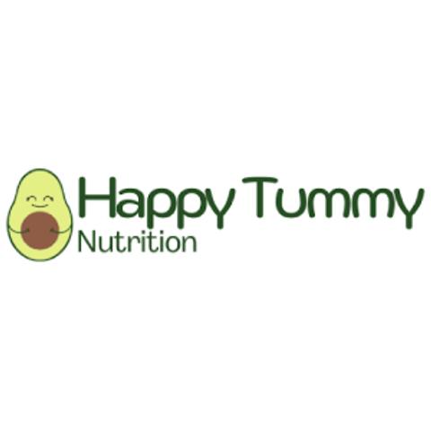 Logo for Happy Tummy Nutrition featuring a smiling avocado and the text Happy Tummy Nutrition in green font