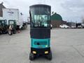 A 2024 AGT Industrial Green QH13R Mini Excavator with a glass cab and turquoise accents designed for compact construction tasks