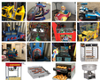 A collection of colorful inflatable party equipment including a mini train, helicopter ride, and race car, along with carnival games and food concession machines