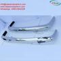 A pair of polished chrome bumpers designed for a Lancia Flavia 2000 Coupe featuring mounting brackets and an oval emblem