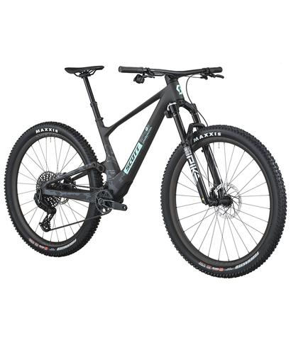 2026 Scott Spark 900 EVO Mountain Bike featuring a sleek frame design black and teal accents and thick tires designed for off-road performance