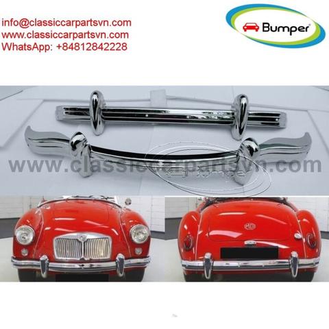 Two shiny chrome bumpers designed for MGA cars arranged in a display with a classic red MGA car visible in the background