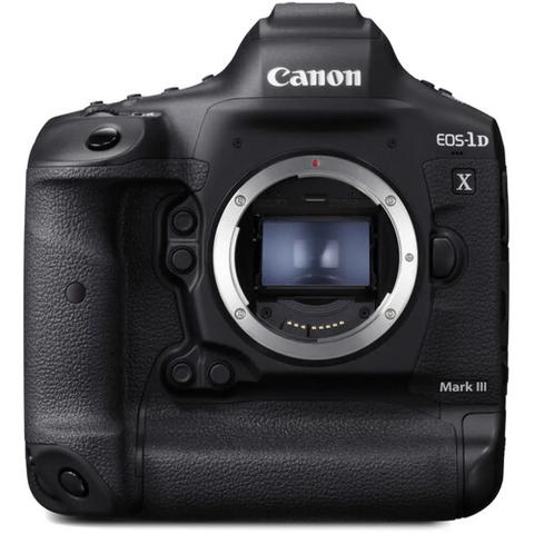 Canon EOS-1D X Mark III DSLR camera with a large grip and a visible lens mount showcasing a central mirror and sensor area