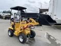 A 2024 AGT Industrial KRW23 Mini Loader with a black bucket and yellow body featuring four wheels and a protective canopy