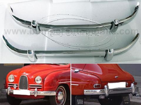 Stainless steel bumpers for a Saab 93 from 1956 to 1959 with a sleek design and distinctive curves