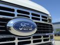 Close-up of the front grille of a 2023 Ford F-550 featuring the iconic blue Ford emblem and chrome detailing