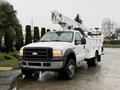 A 2006 Ford F-450 truck with a mechanical boom and a utility body parked on a wet surface